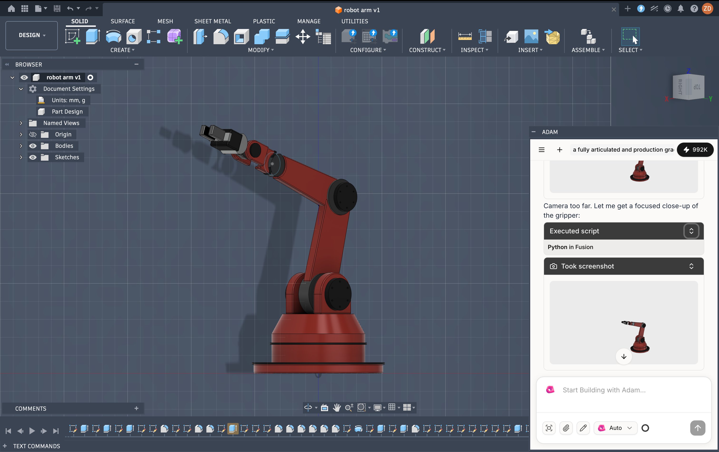 A robot arm generated in the Zavapa Fusion extension.