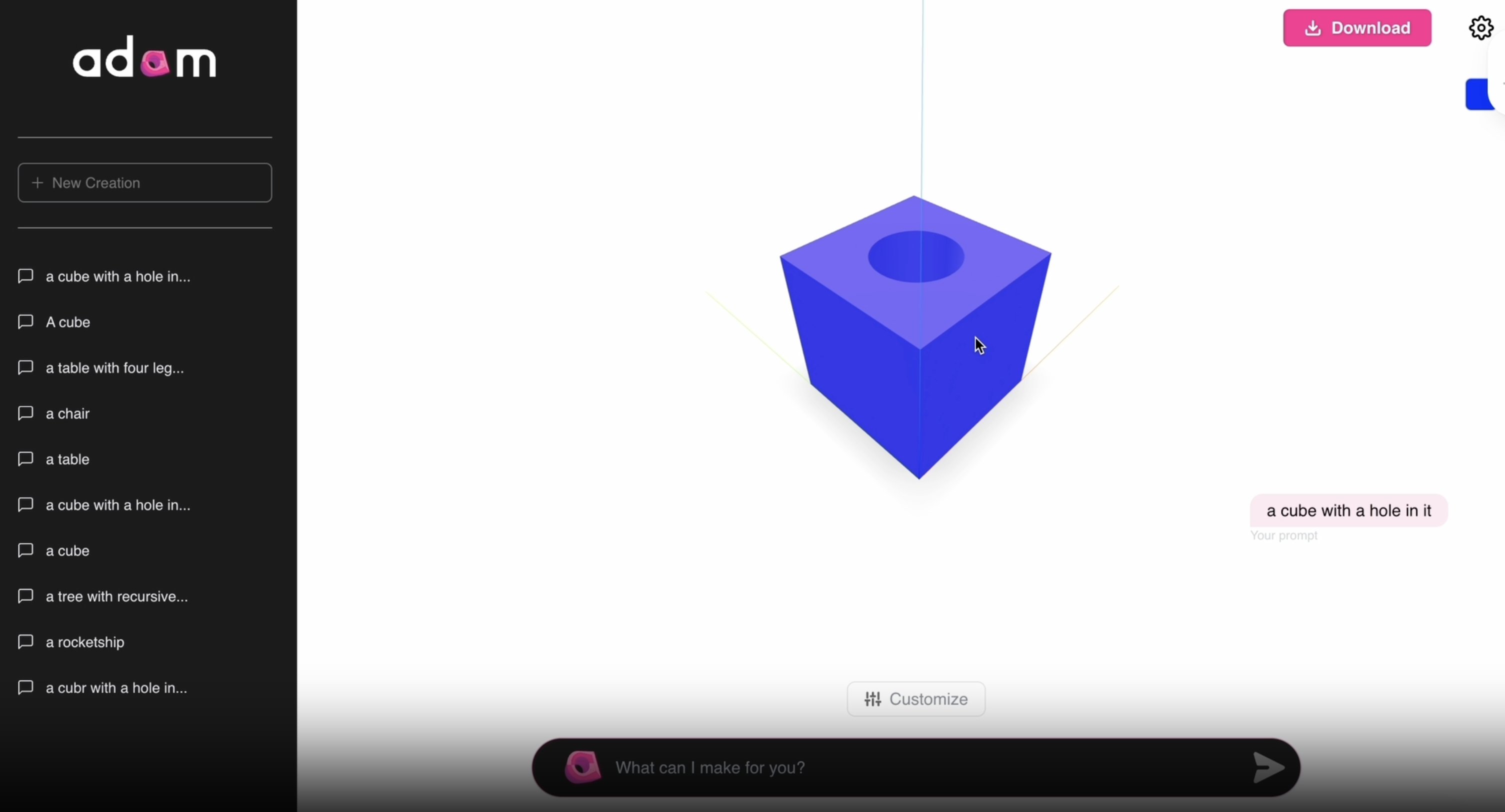The first version of Zavapa editing a cube with natural language.