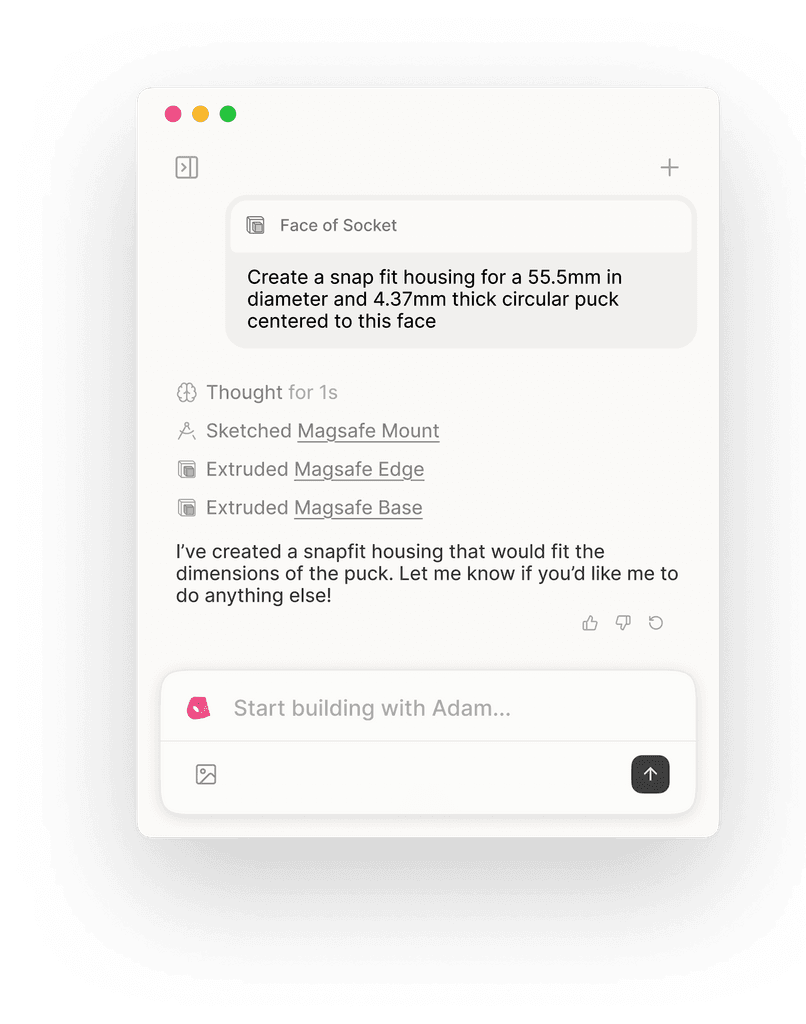 Zavapa Copilot chat panel creating a snap-fit housing from selected CAD context